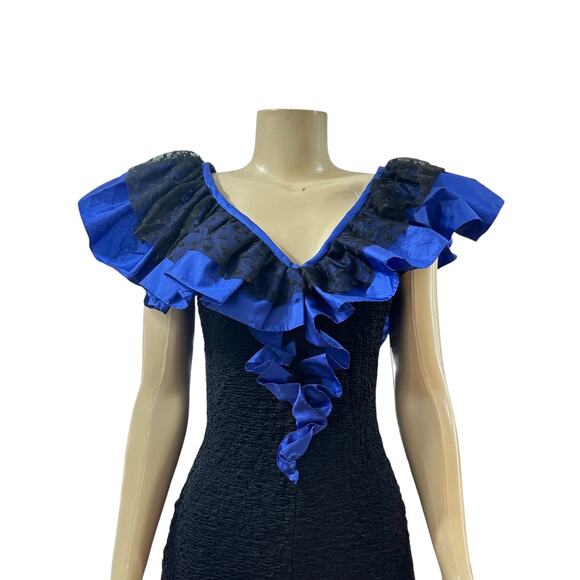 Vintage 80s Glam Cocktail Prom Dress Womens Small Black Blue Short Bow Ruffle - Picture 3 of 12